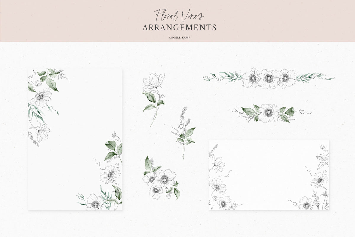 Floral Vines botanical watercolor art illustrations Angele Kamp